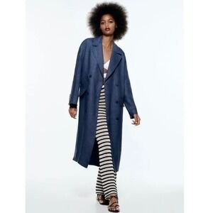ZARA Limited Edition Linen Coat Buttons Pockets Double Breasted Blue X-Small